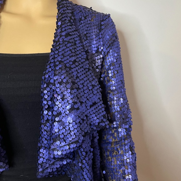 Vintage royal blue sequin layered shawl sweater jacket w ruffles in front 👑 - Picture 8 of 15
